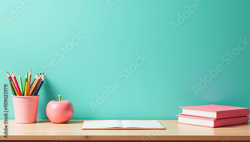 This stunning setup transforms your learning space with a top view of girlish essentials against a teal backdrop and empty space for text._00001_