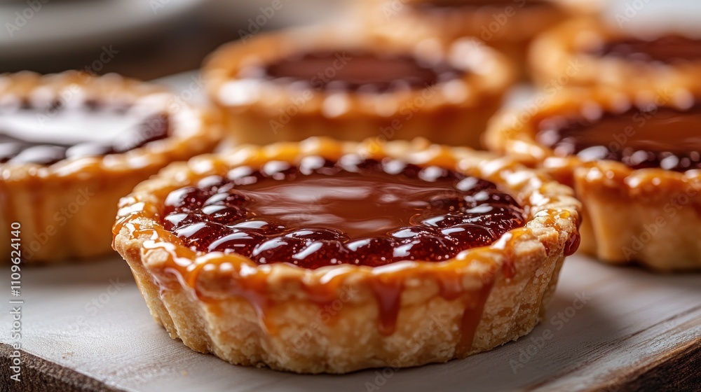 Tempting dessert tarts arranged on a rustic wooden table at a cozy café Tempting dessert tarts arranged on a rustic wooden table at a cozy café