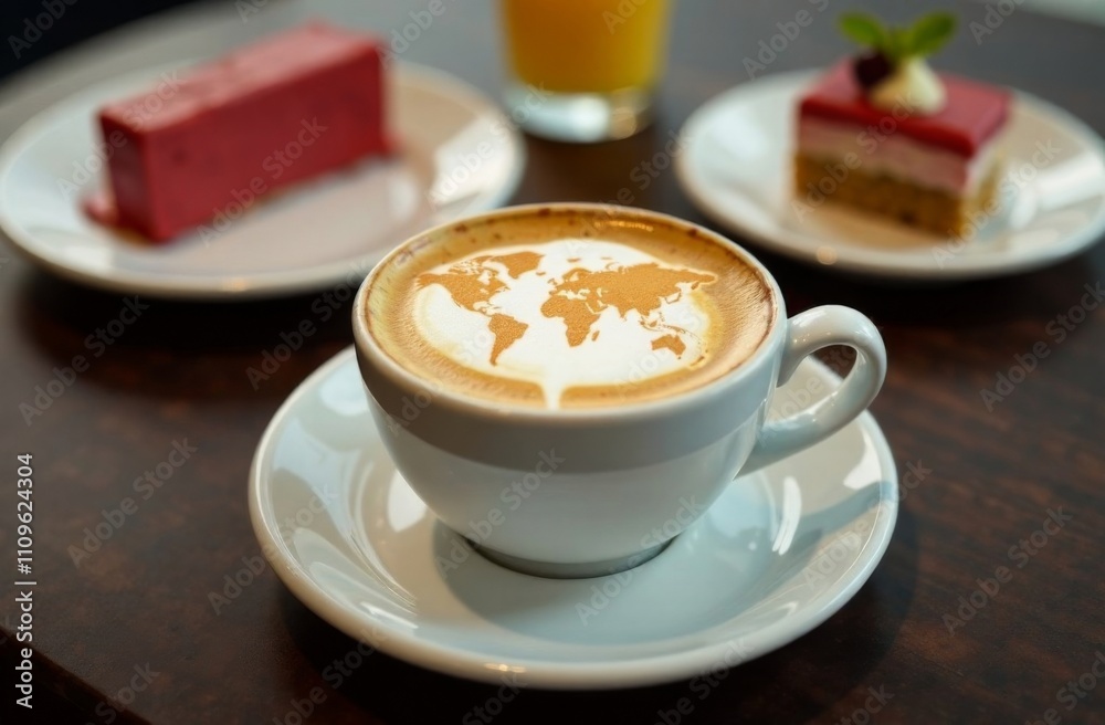 World map made of cinnamon on cappuccino foam. Cup of coffee, dessert, boarding passes. Travel concept. Cappuccino at the airport World map made of cinnamon on cappuccino foam. Cup of coffee, dessert, boarding passes. Travel concept. Cappuccino at the airport