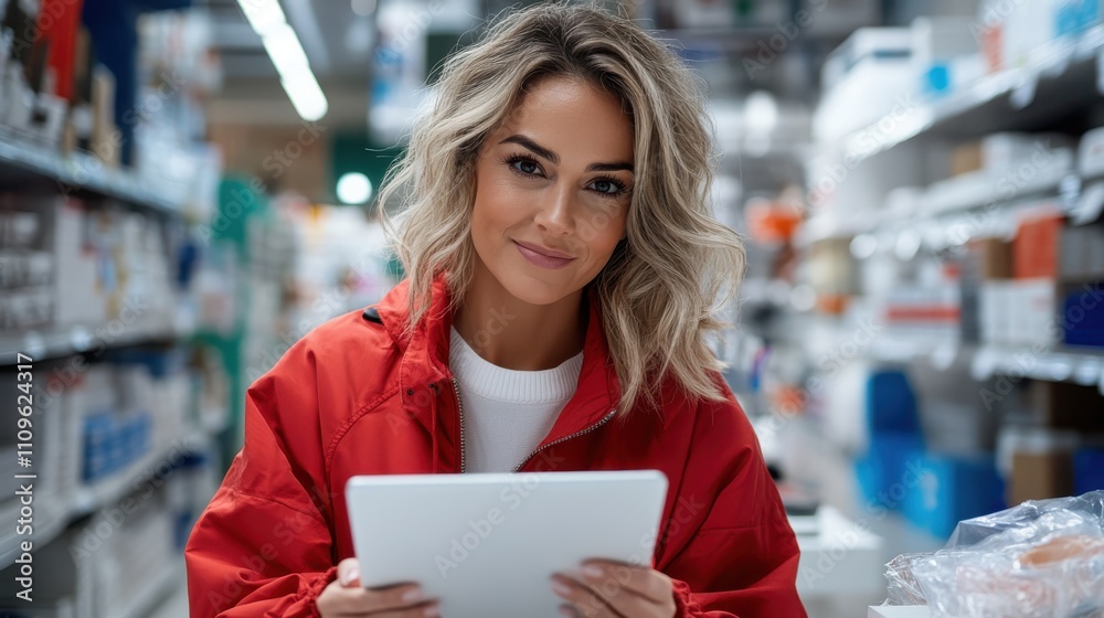 Fototapeta premium A woman, wearing a vibrant red jacket, holds a digital tablet while standing in a well-stocked and organized warehouse aisle, capturing a modern and efficient workspace.