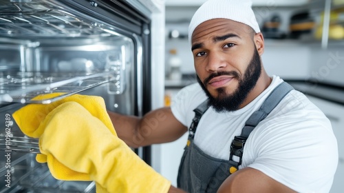 A man wearing grey overalls and a beanie is cleaning an oven with yellow gloves, displaying attentiveness, skill, and dedication to maintaining household hygiene.