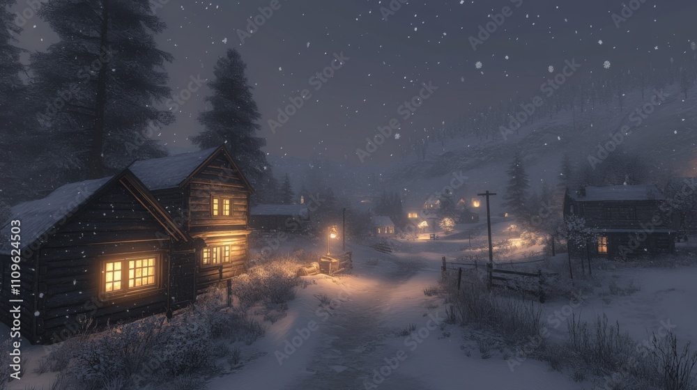 Snowy Night in a Small Village with Illuminated Houses Snowy Night in a Small Village with Illuminated Houses
