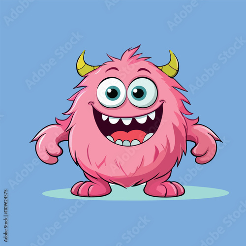 Cute Pink Fuzzy Monster Cartoon Illustration Happy Friendly Fun Character Design