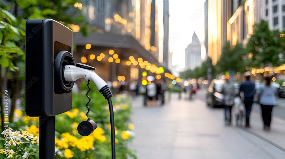 Electric vehicle charging station urban street technology image evening setting focused viewpoint modern infrastructure concept Electric vehicle charging station urban street technology image evening setting focused viewpoint modern infrastructure concept