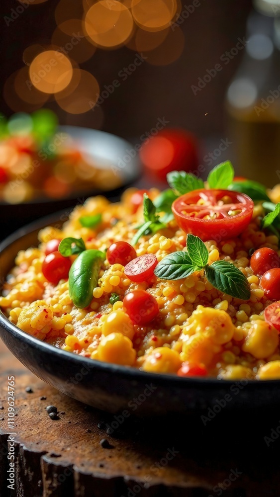 Close-up of Spanish paella, festive table, warm lights Close-up of Spanish paella, festive table, warm lights