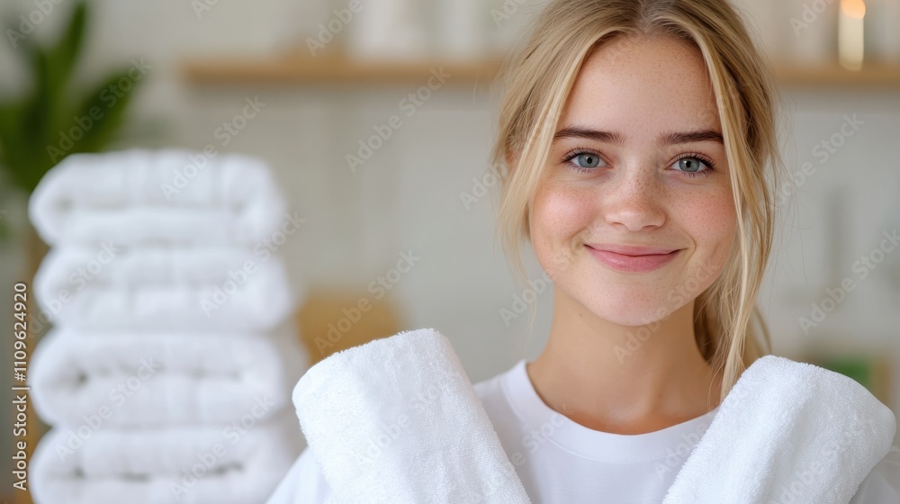 A joyful young woman with blonde hair grins while cradling a white towel in a peaceful spa space, with a stack of clean towels, representing purity and contentment. A joyful young woman with blonde hair grins while cradling a white towel in a peaceful spa space, with a stack of clean towels, representing purity and contentment.