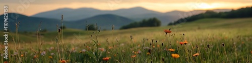 A serene landscape of blooming wildflowers at sunset with gentle rolling hills in the background.