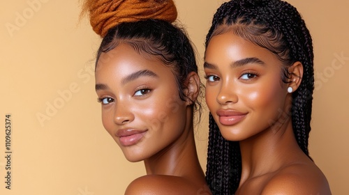 The photo captures two women with glowing skin and elegant hairstyles, exuding confidence and showcasing the artistic blend of style and personality in their poses.