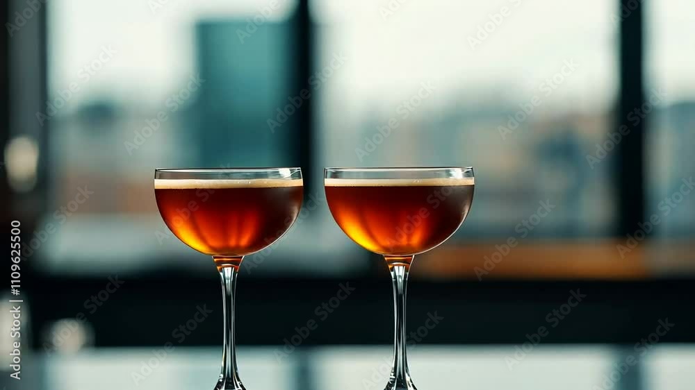 Two elegant cocktail glasses with amber drinks on a modern bar counter, suitable for New Year's Eve and cocktail parties Two elegant cocktail glasses with amber drinks on a modern bar counter, suitable for New Year's Eve and cocktail parties
