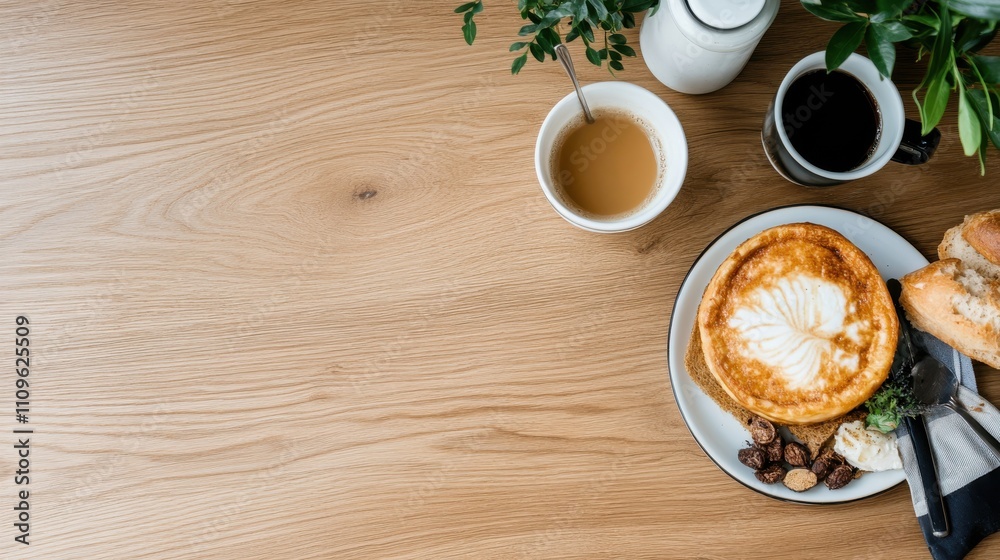 A calming coffee scene featuring a cappuccino with latte art, surrounded by cookies and croissants on a neat wooden table with a soothing plant arrangement nearby. A calming coffee scene featuring a cappuccino with latte art, surrounded by cookies and croissants on a neat wooden table with a soothing plant arrangement nearby.