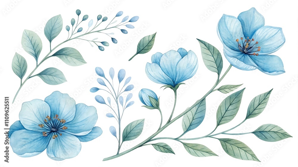 Fototapeta premium Watercolor blue Flower and leaf