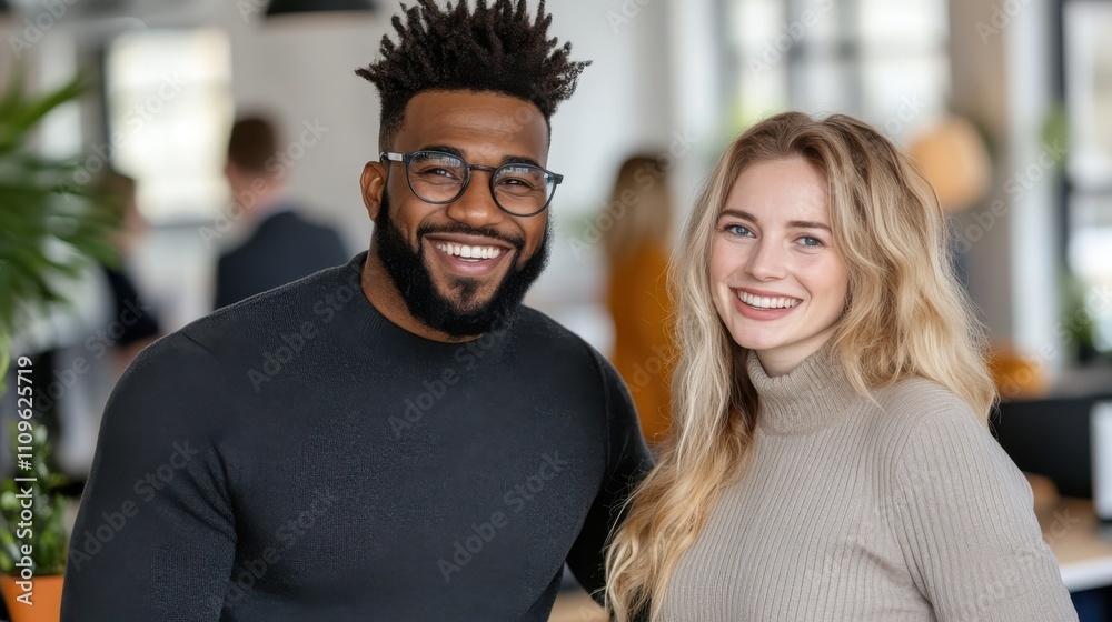 A joyful man and woman featuring bright smiles and trendy glasses, posing together in a lively office setting, embodying cheerful collaboration and modern style. A joyful man and woman featuring bright smiles and trendy glasses, posing together in a lively office setting, embodying cheerful collaboration and modern style.