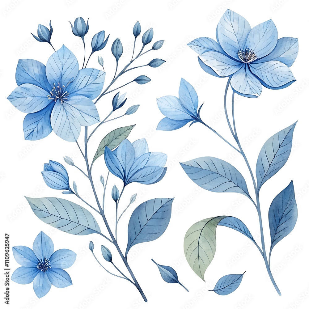 Obraz premium Watercolor blue Flower and leaf