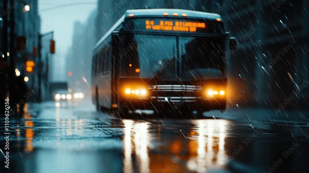 City Bus Navigating Through Rainy Streets at Night with Urban Lights Reflecting on Wet Pavement, Creating a Moody Atmosphere and Urban Energy City Bus Navigating Through Rainy Streets at Night with Urban Lights Reflecting on Wet Pavement, Creating a Moody Atmosphere and Urban Energy