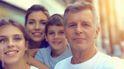 A man, a woman and twochildren are posing for a picture