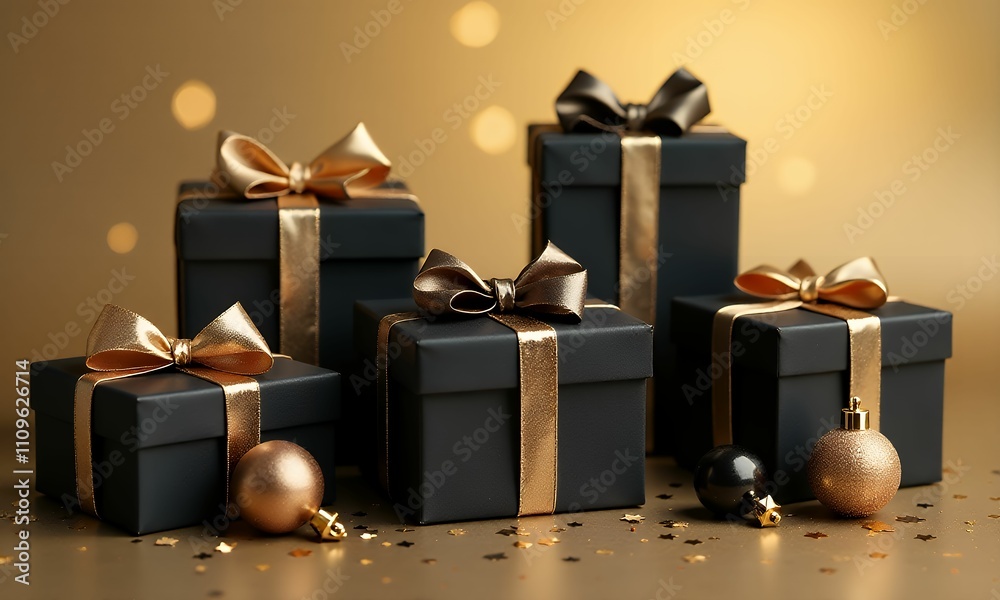 Ring in the New Year in style with an elegant display of black gift boxes adorned with silk ribbons, gold baubles, star ornaments, and confetti on a sleek backdrop, ready for your festive message Ring in the New Year in style with an elegant display of black gift boxes adorned with silk ribbons, gold baubles, star ornaments, and confetti on a sleek backdrop, ready for your festive message