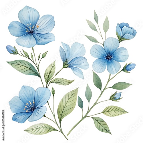 Watercolor blue Flower and leaf