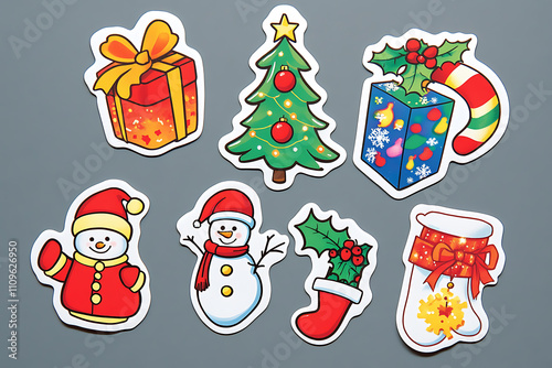 A vibrant set of Christmas-themed stickers, showcasing colorful illustrations of festive elements. The designs include beautifully wrapped gifts, cheerful snowmen, decorated Christmas trees