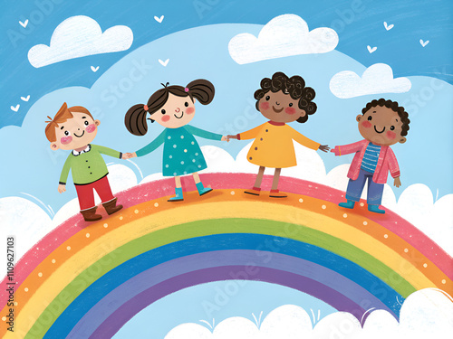 A group of children are holding hands on top of a rainbow