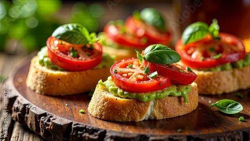 Crispy bruschetta topped with fresh tomatoes and basil, rustic Italian style