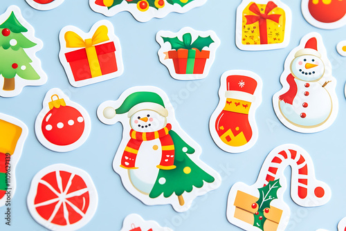 A vibrant set of Christmas-themed stickers, showcasing colorful illustrations of festive elements. The designs include beautifully wrapped gifts, cheerful snowmen, decorated Christmas trees