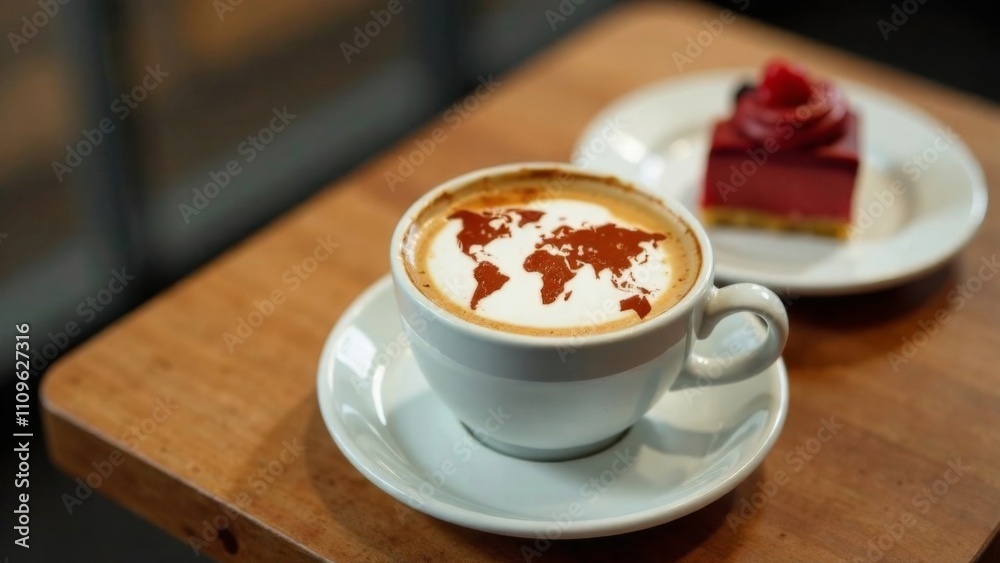 World map made of cinnamon on cappuccino foam. Cup of coffee, dessert, boarding passes. Travel concept. Cappuccino at the airport World map made of cinnamon on cappuccino foam. Cup of coffee, dessert, boarding passes. Travel concept. Cappuccino at the airport