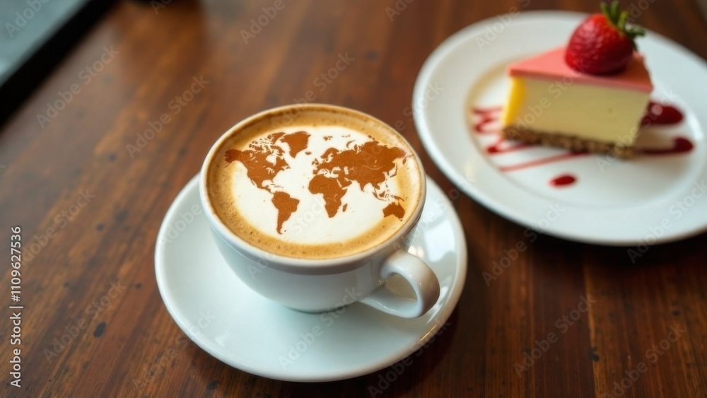 World map made of cinnamon on cappuccino foam. Cup of coffee, dessert, boarding passes. Travel concept. Cappuccino at the airport World map made of cinnamon on cappuccino foam. Cup of coffee, dessert, boarding passes. Travel concept. Cappuccino at the airport