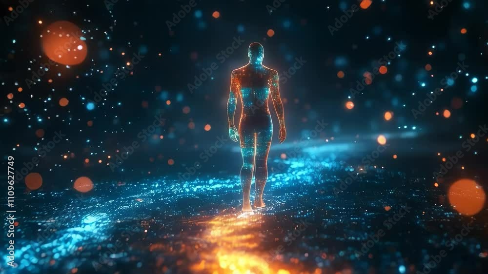 Walking through a universe of light and color in a digital landscape at night Walking through a universe of light and color in a digital landscape at night