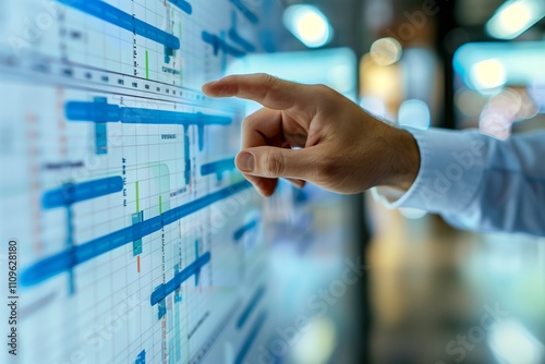 Close-up of a hand pointing at a digital chart on a screen in a modern workplace.