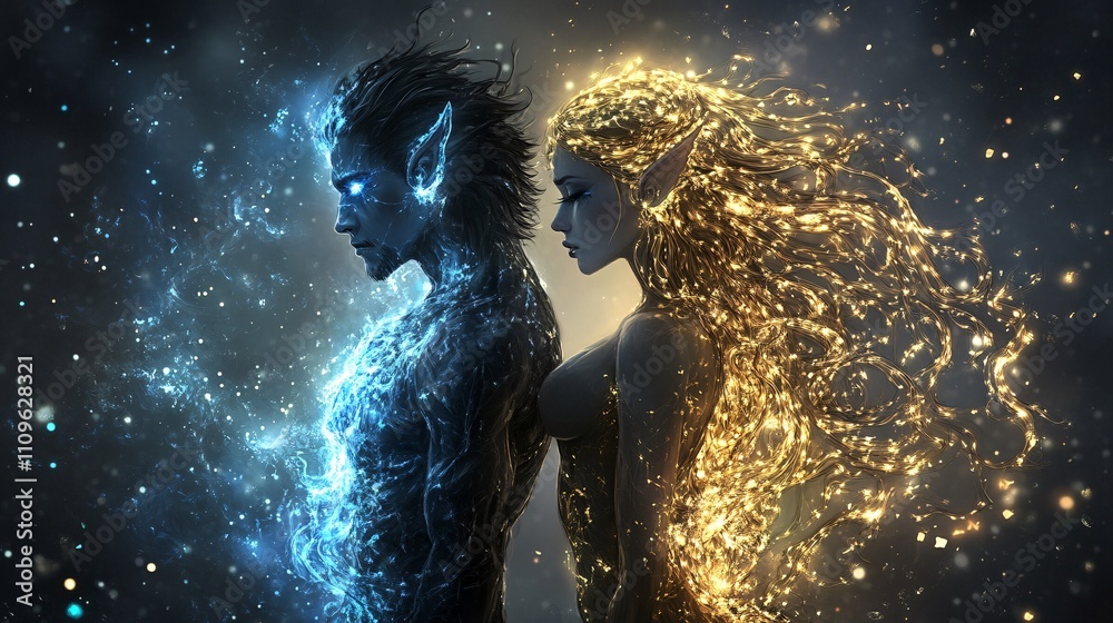 Naklejka premium illustration of a two spirits blue flame that is an extremly handsome slightly strong male with black long hair, shaved on one side, fae ear, and golden flame that is a beautiful young woman.
