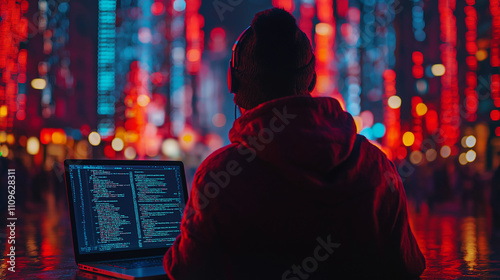 young professional male hacker using keyboard typing bad data into computer online system on dark digital background with digital interface