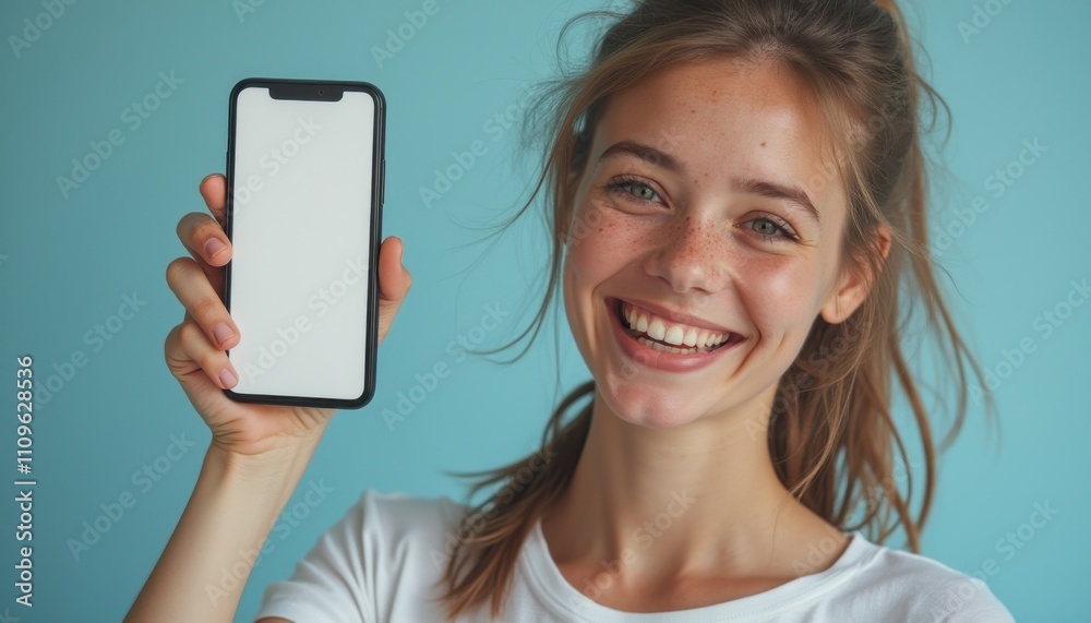 Young woman smiles brightly while showcasing a smartphone against a vibrant blue background in a modern studio setting Young woman smiles brightly while showcasing a smartphone against a vibrant blue background in a modern studio setting