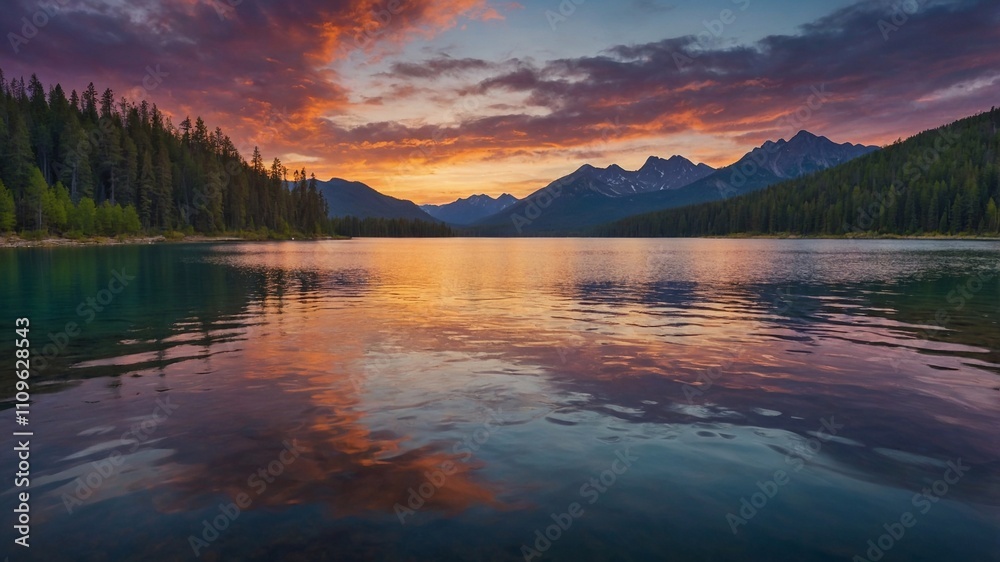 Fototapeta premium Sunset on Lake in the mountains. Landscape
