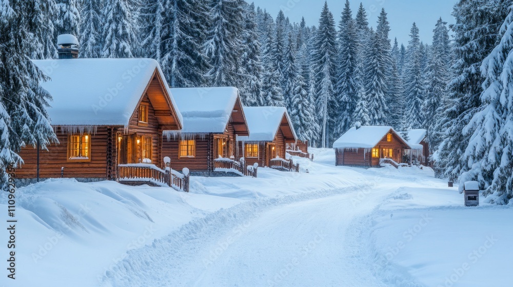 Snow-Covered Cabins in a Winter Forest at Twilight Snow-Covered Cabins in a Winter Forest at Twilight