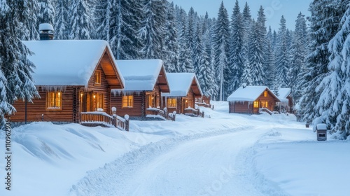 Snow-Covered Cabins in a Winter Forest at Twilight photo