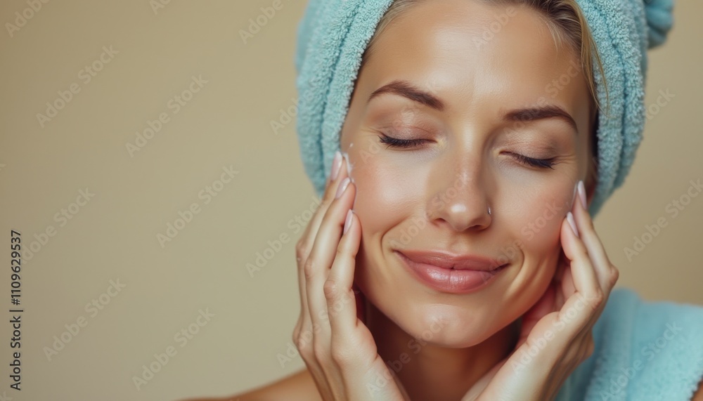Middle aged woman relaxing with a towel after skincare routine in natural light Middle aged woman relaxing with a towel after skincare routine in natural light