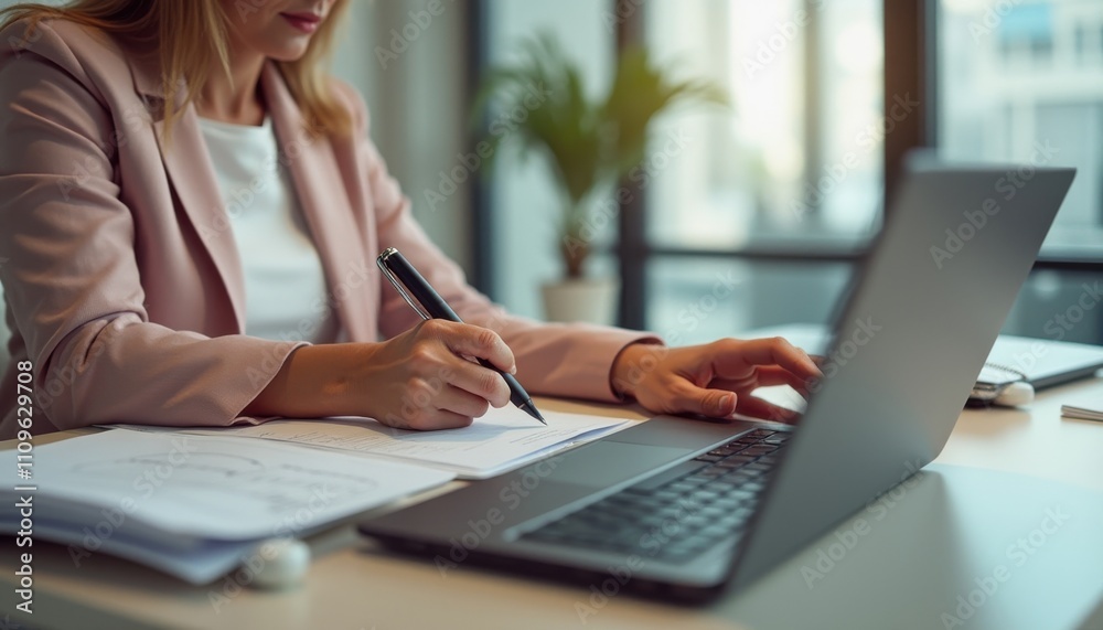 Close up of a middle aged person writing notes while working on a laptop in a bright office during the day Close up of a middle aged person writing notes while working on a laptop in a bright office during the day