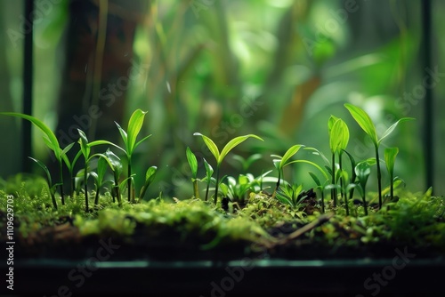 Terrarium timelapse Plants sprouting green stems growing photo