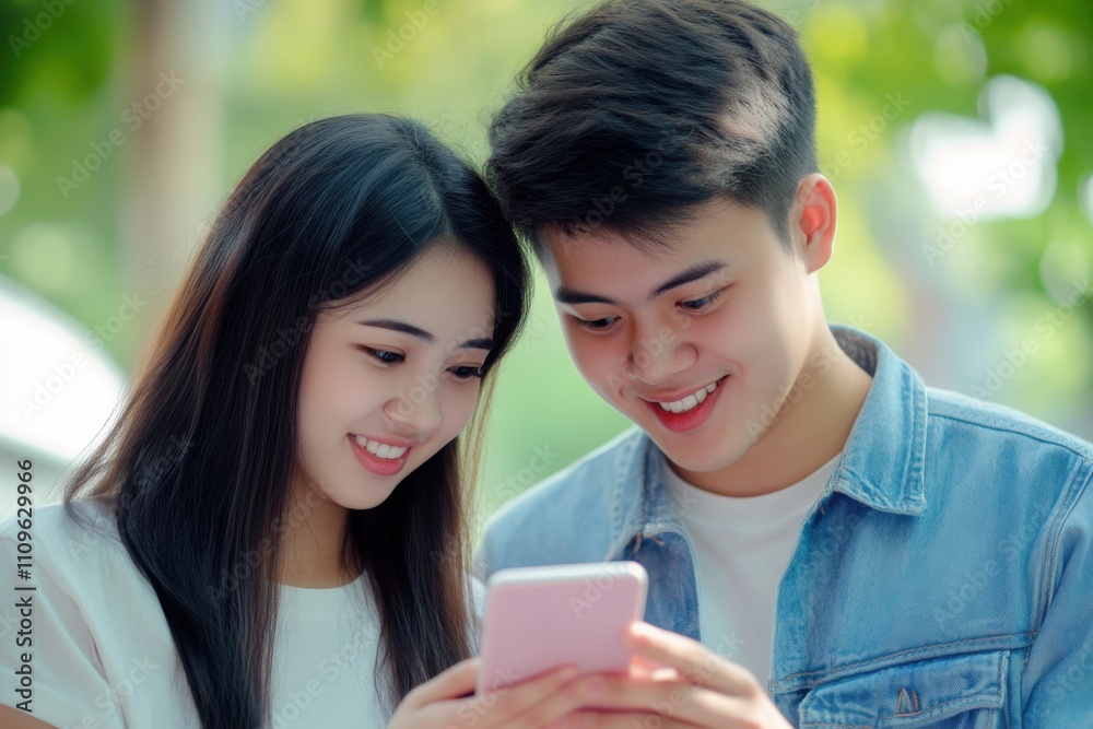 A young couple learning a new language through an interactive mobile app, symbolizing education and digital learning tools, Language learning scene A young couple learning a new language through an interactive mobile app, symbolizing education and digital learning tools, Language learning scene