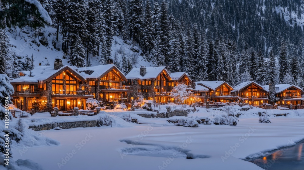 Fototapeta premium Illuminated Cabin Homes in a Snowy Winter Forest
