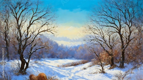 Winter landscape with trees and snow on sunny day. Creator Artist Nadia Russ.