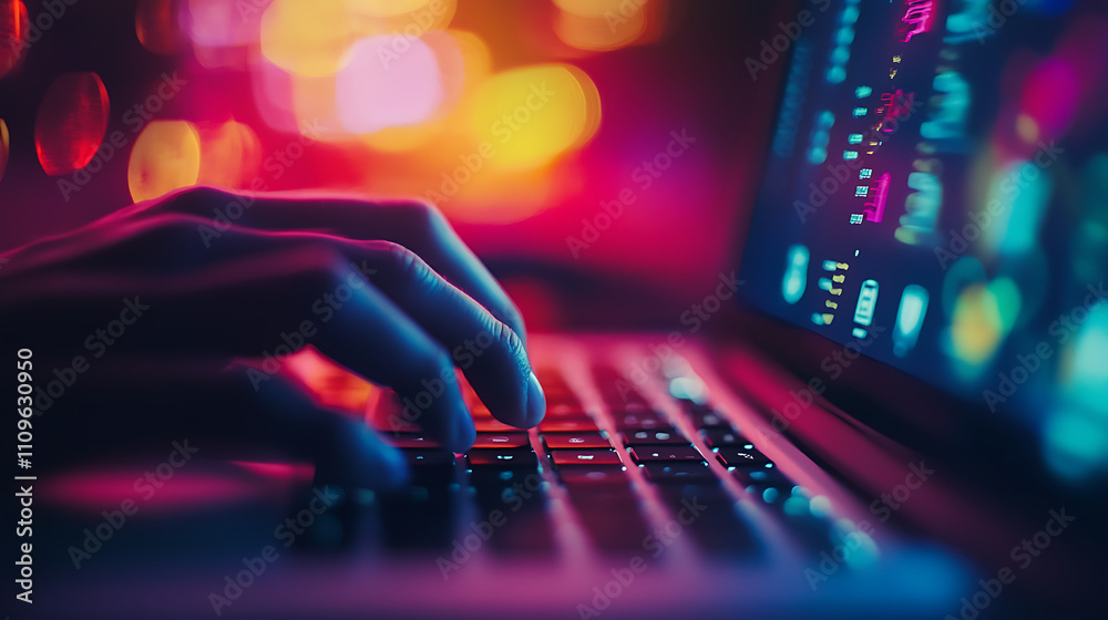 A person is typing on a laptop with a colorful background