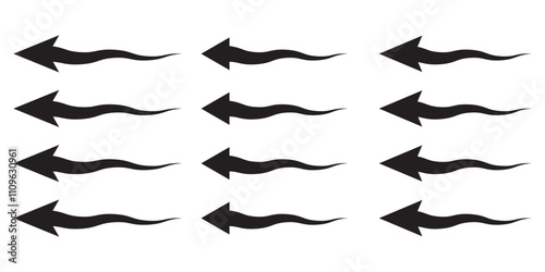 Set of black arrows. Airflow direction. The flow of the wind. Wavy pointers in provo, up, down. Vector illustration. Breathable fabric vector icon on white background