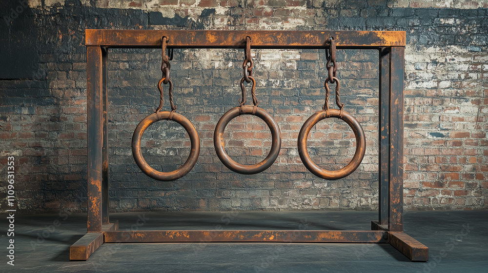 Naklejka premium Drewniane pierścienie do ćwiczeń zamontowane na masywnej, stalowej ramie, podkreślające harmonię funkcjonalności i minimalistycznego, industrialnego stylu.