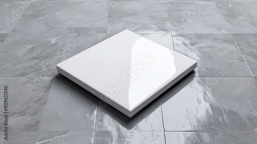 3D render of a single square tile in the middle of a white floor photo