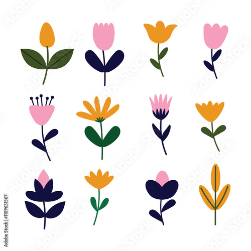 Decorative Abstract Flower Set, Vector Flower Art in White Background, Hand Drawn Wildflower Illustration, Flower Icon.