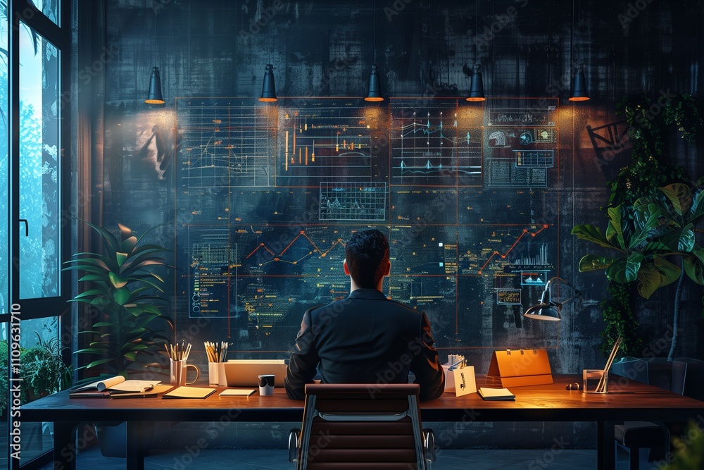 Professional man analyzing data and trends in a modern office environment. Professional man analyzing data and trends in a modern office environment.