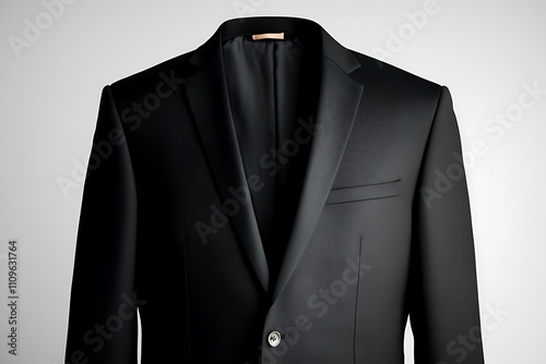 Sleek black business suit with a subtle sheen, displayed on a minimalistic white backdrop, full ultra HD quality, 32k resolution photo