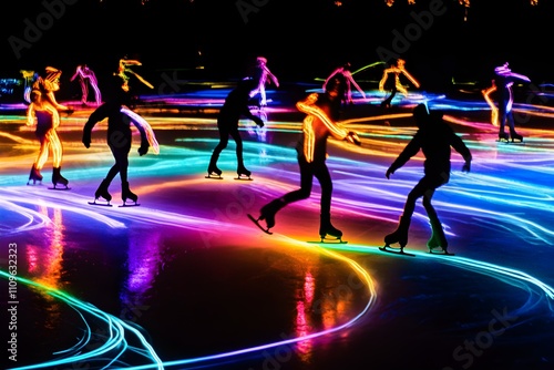 Neon ice skaters on frozen lake isolated on black background.