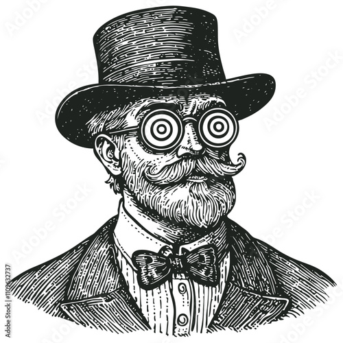 Retro man wearing a top hat and hypnotist glasses, engraving style, vector illustration
